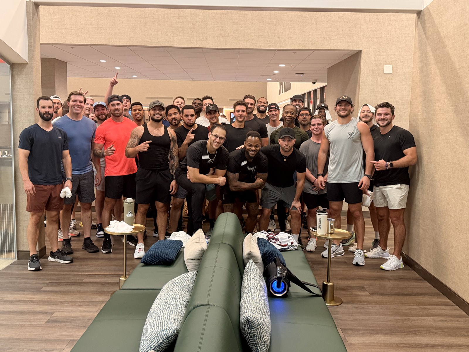 The men of the August Iron Sharpens Iron gathering at Life Time Perimeter