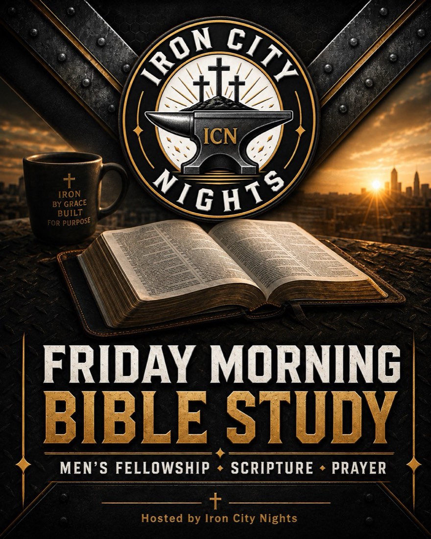 Friday Morning Bible Study flyer — men's fellowship, Scripture, prayer
