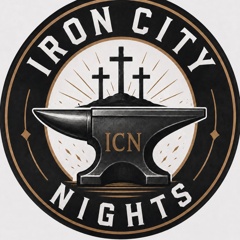 Iron City Nights seal — an anvil beneath three crosses